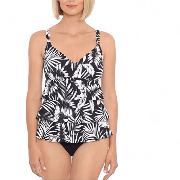 Swim Solutions Feather Bloom Black and White Triple-Tier One-Piece Swimsuit - Picture 1 of 8